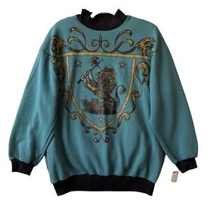 Vtg 80s Adolfo Sport Teal Ribbed Studded Sweatshirt NWT Lion Shield Crest L 90s